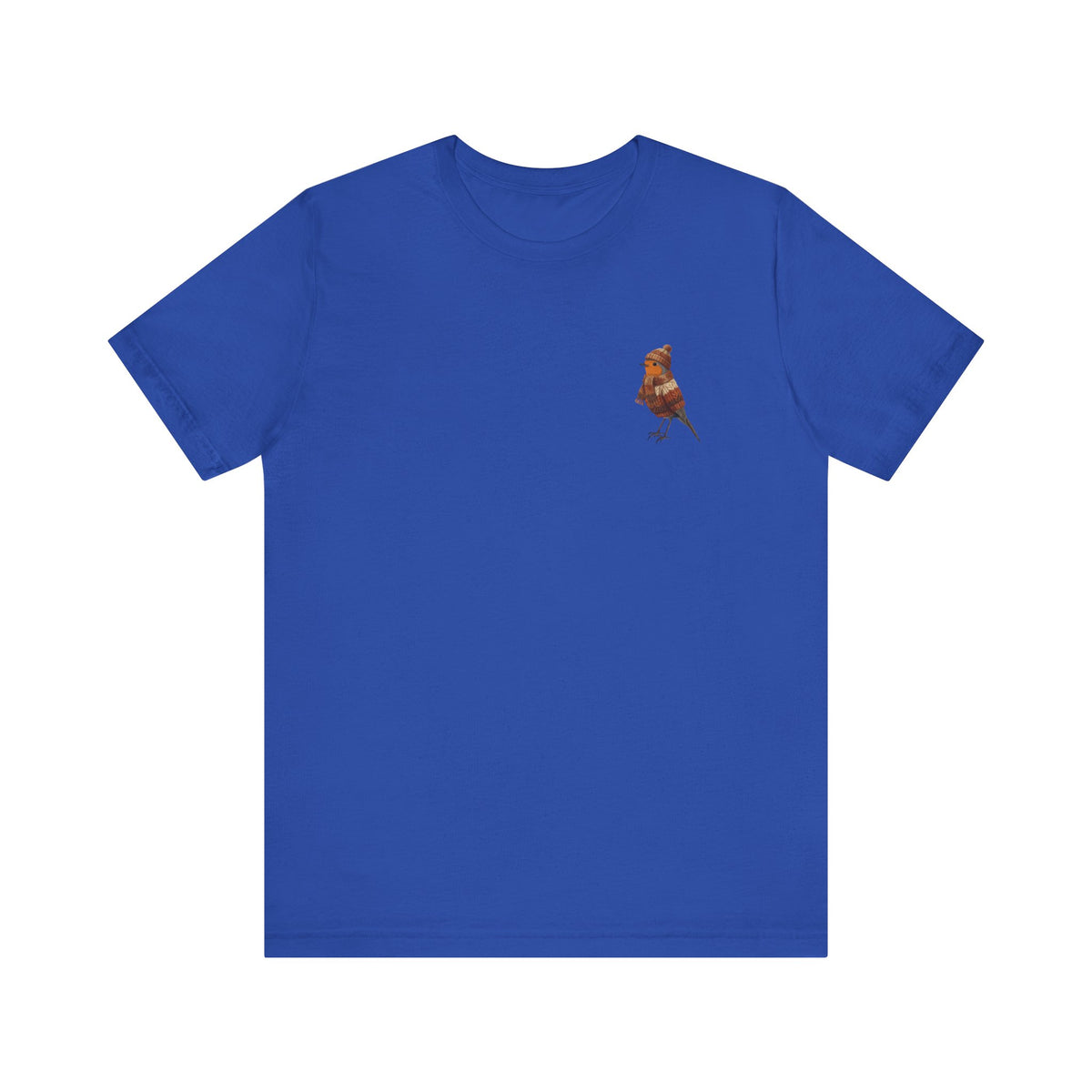 Rotkehlchen in Strick T-Shirt – Weiches Premium Shirt mit Winterlichem Vogelmotiv – bird graphic tee, Vogel