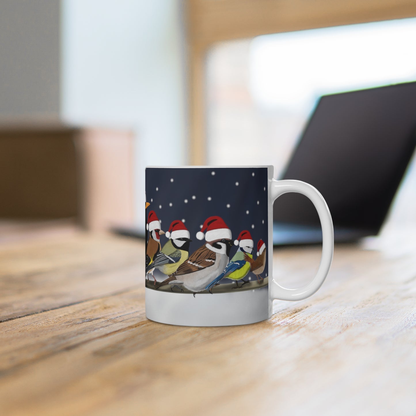 Gartenvögel auf einem Ast Amsel Rotkehlchen Feldsperling im Winter Weihnachten Schnee Vogel Tasse – 11 oz,
