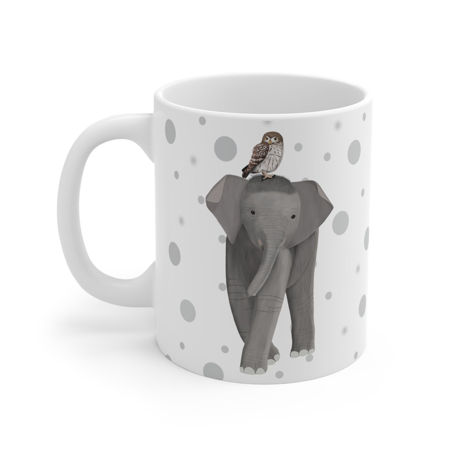 Eule auf einem Elefanten Vogel Tasse Punkte Grau