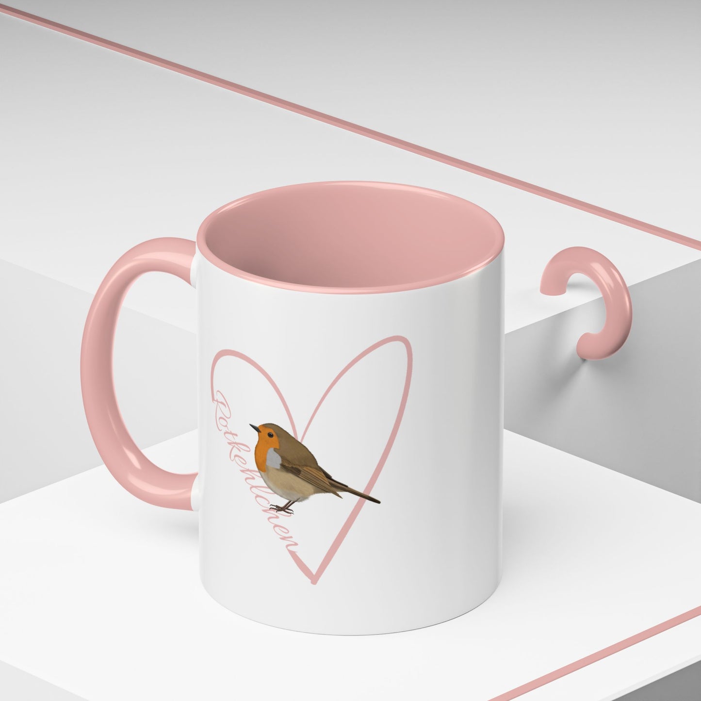 Rotkehlchen mit Herz Singvogel Vogel Tasse Weiß Rosa