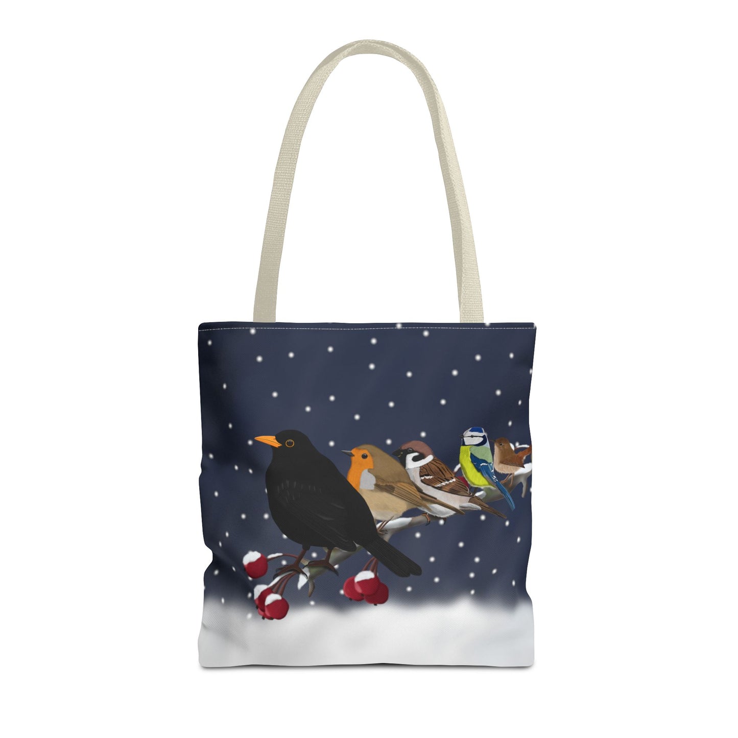 Rotkehlchen, Blaumeise, Zaunkönig, Amsel und Spatz Tragetasche – Accessories All Over Print Stil