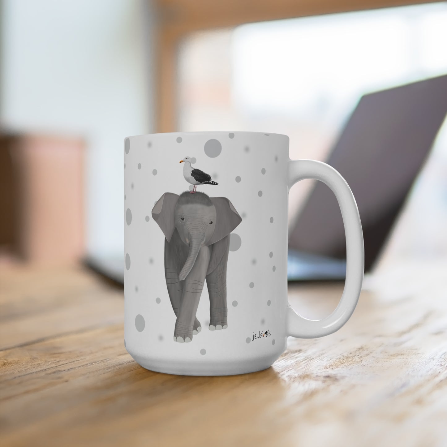 Möwe auf einem Elefanten Vogel Tasse Punkte Grau
