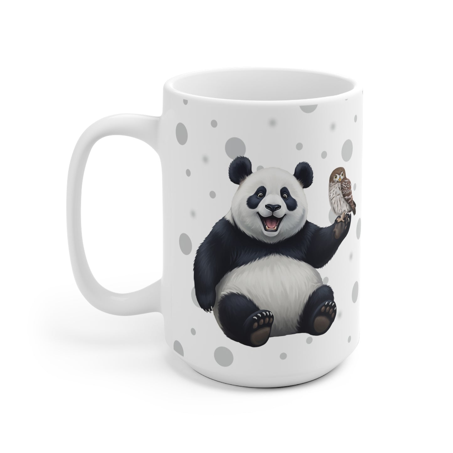 Eule mit einem fröhlichen Panda Vogel Tiermotiv Tasse Punkte Grau