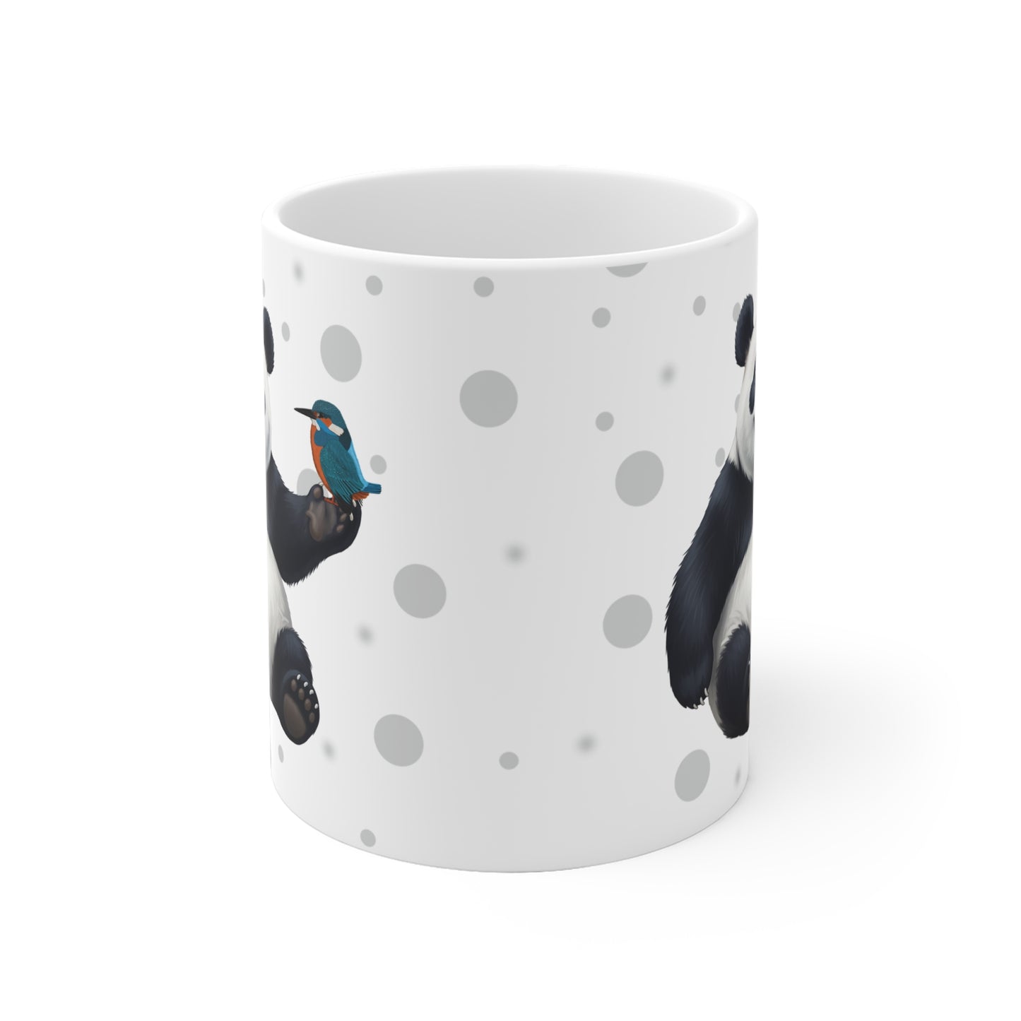 Eisvogel mit einem fröhlichen Panda Vogel Tiermotiv Tasse Punkte Grau