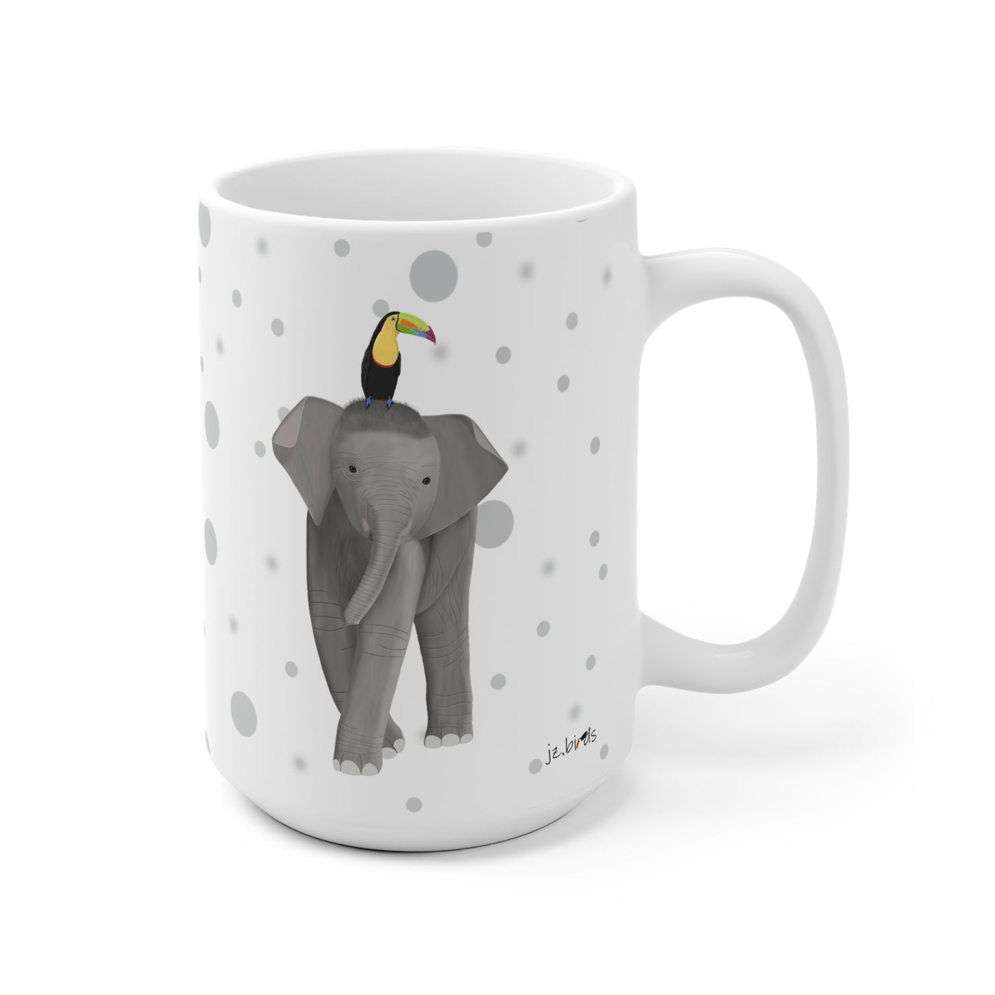 Tukan auf einem Elefanten Vogel Tasse Punkte Grau