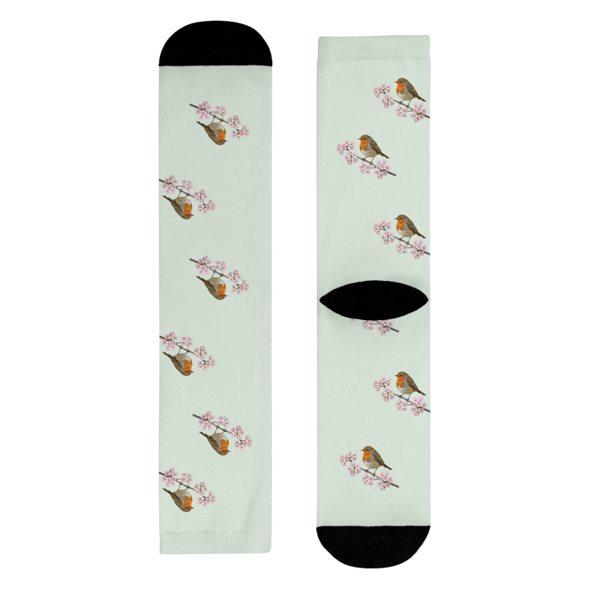 Rotkehlchen & Kirschblüten Socken in Salbeigrün | Weiche Baumwollmix-Socken für Naturfreunde