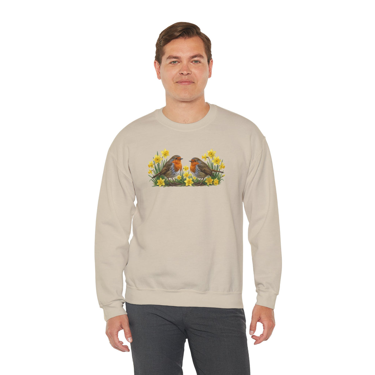 Rotkehlchen Sweatshirt Vogelmotiv in Sand