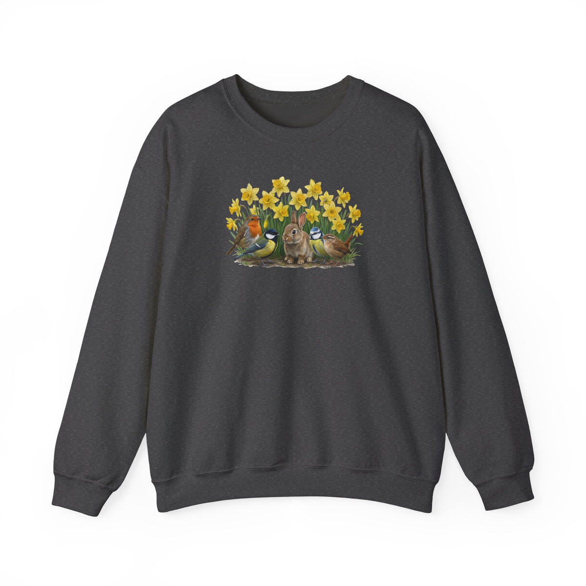 Oster-Sweatshirt Frühlingswiese – Kaninchen & Singvögel in Osterglocken | Unisex Pullover – Animal Graphic Tee, Sweatshirt Vogelmotiv