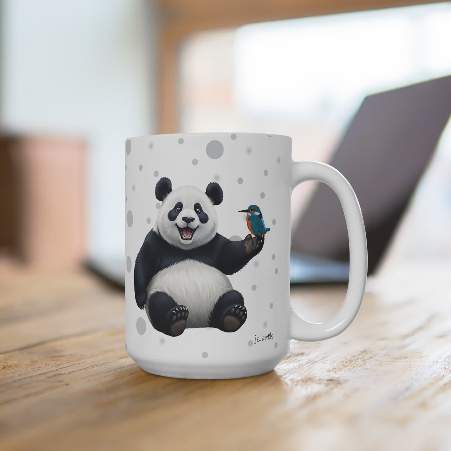 Eisvogel mit einem fröhlichen Panda Vogel Tiermotiv Tasse Punkte Grau