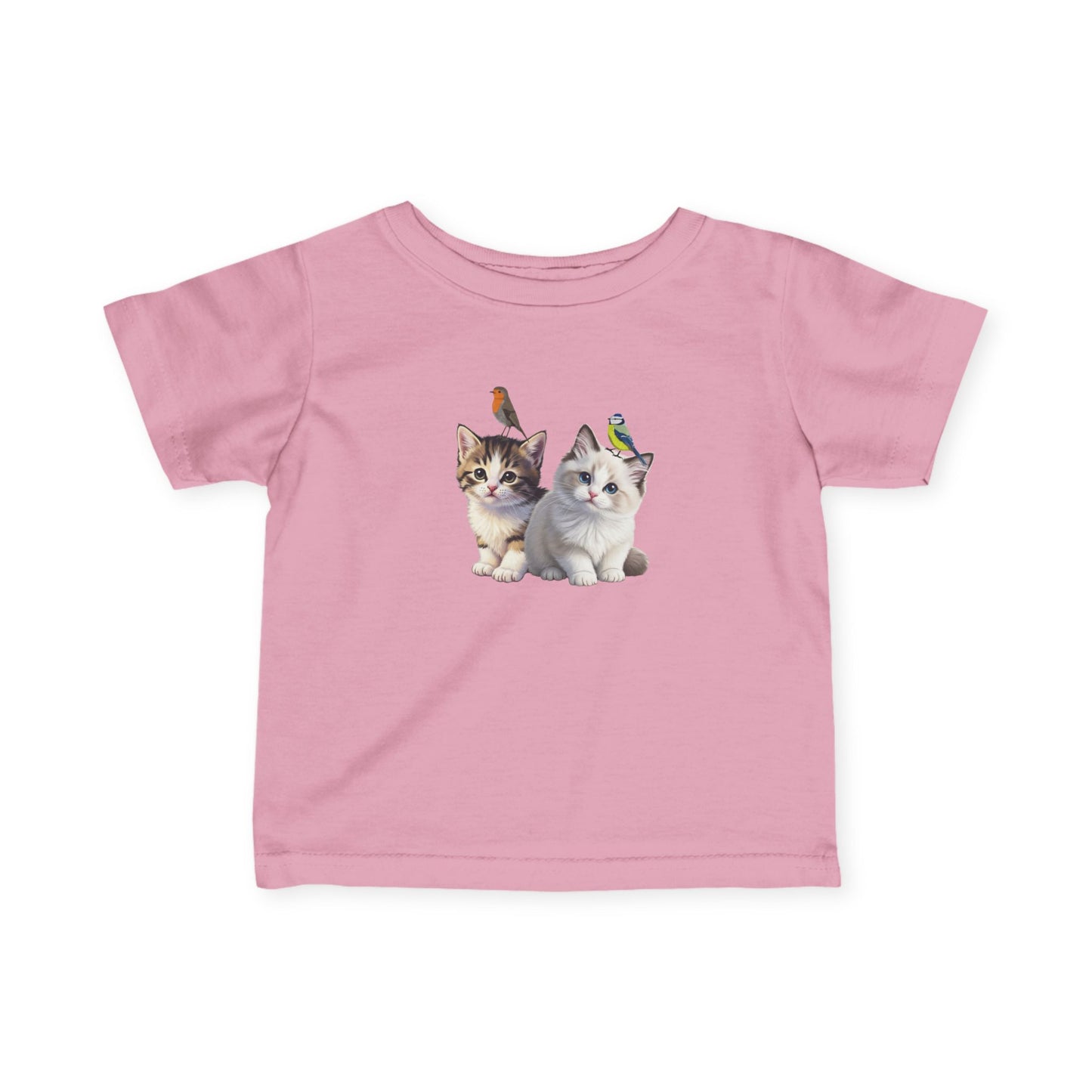 Pink t-shirt with two kittens and birds design on a white background