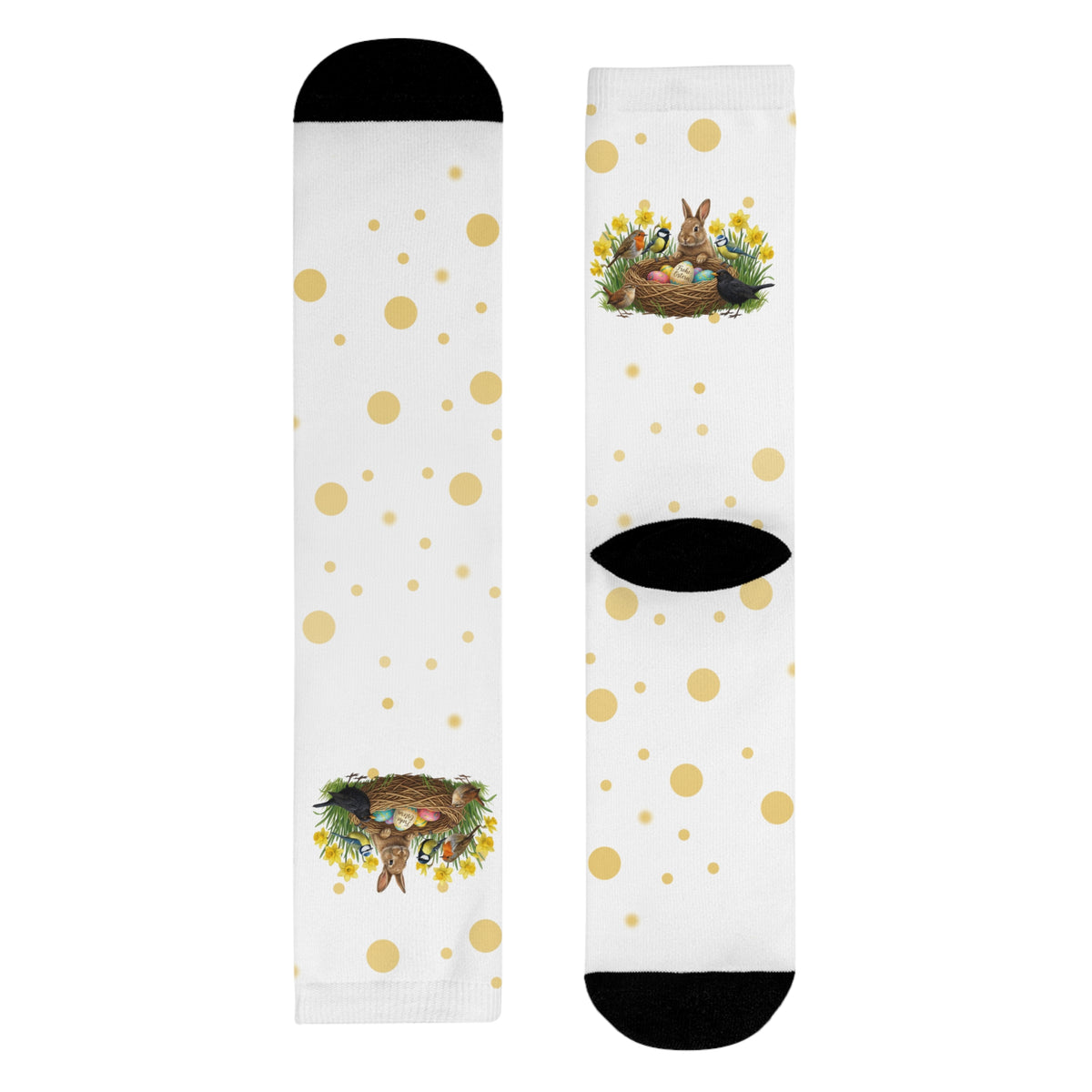 Rotkehlchen, Zaunkönig, Amsel und Meise Socken – Vogel mit Osterglocken – Kaninchen, Meisen & am Osternest