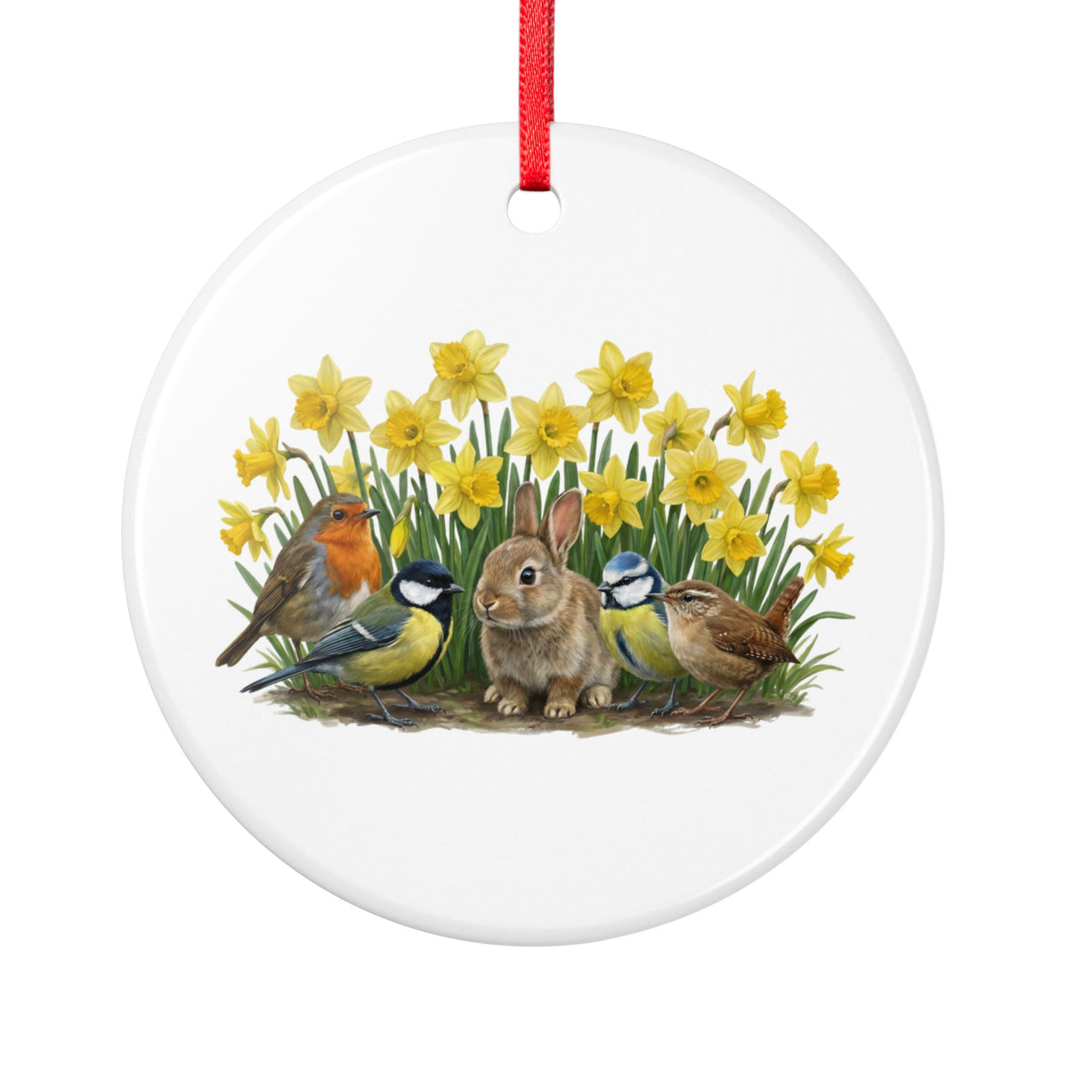 Rundes Keramikornament mit einem Kaninchen Rotkehlchen Kohlmeise Blaumeise Zaunkönig und Osterglocken