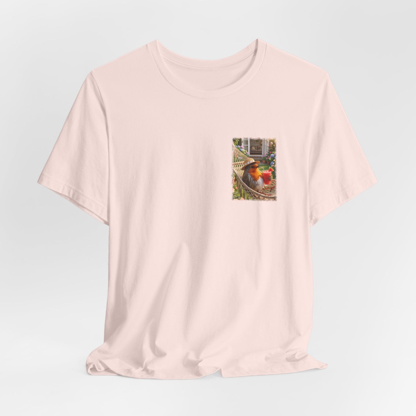 Rosi Rotkehlchen T-Shirt in der Hängematte für Vogelbeobachter und Gartenfreunde