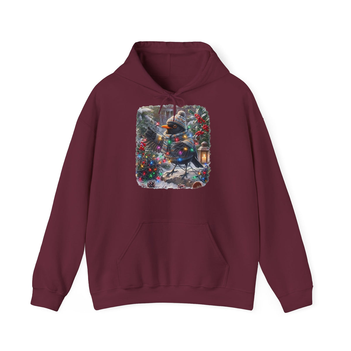 Premium Hoodie Amsel und die Lichterkette im winterlichen Garten für Vogelbeobachter