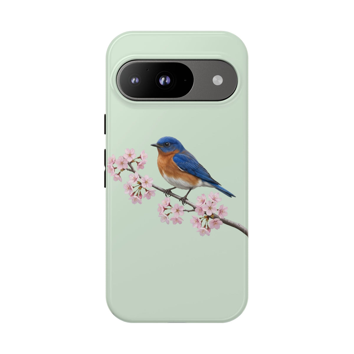Rotkehl-Hüttensänger Handyhülle in Salbeigrün | Florales Kirschblüten Vogel-Motiv für iPhone & Google Pixel