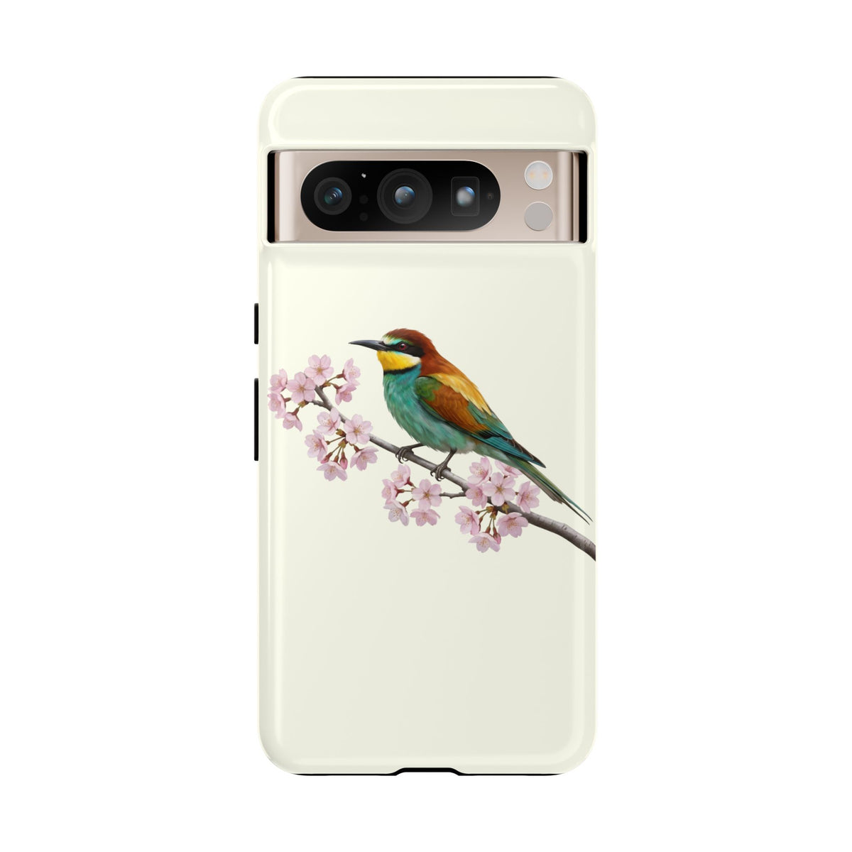 Bienenfresser Handyhülle in Cremeweiß | Florales Kirschblüten Vogel-Motiv für iPhone & Google Pixel