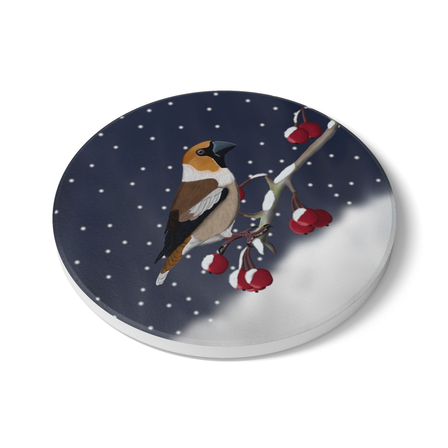 Kernbeißer im Schnee Keramik-Untersetzer: Weihnachtliches Vogel-Motiv