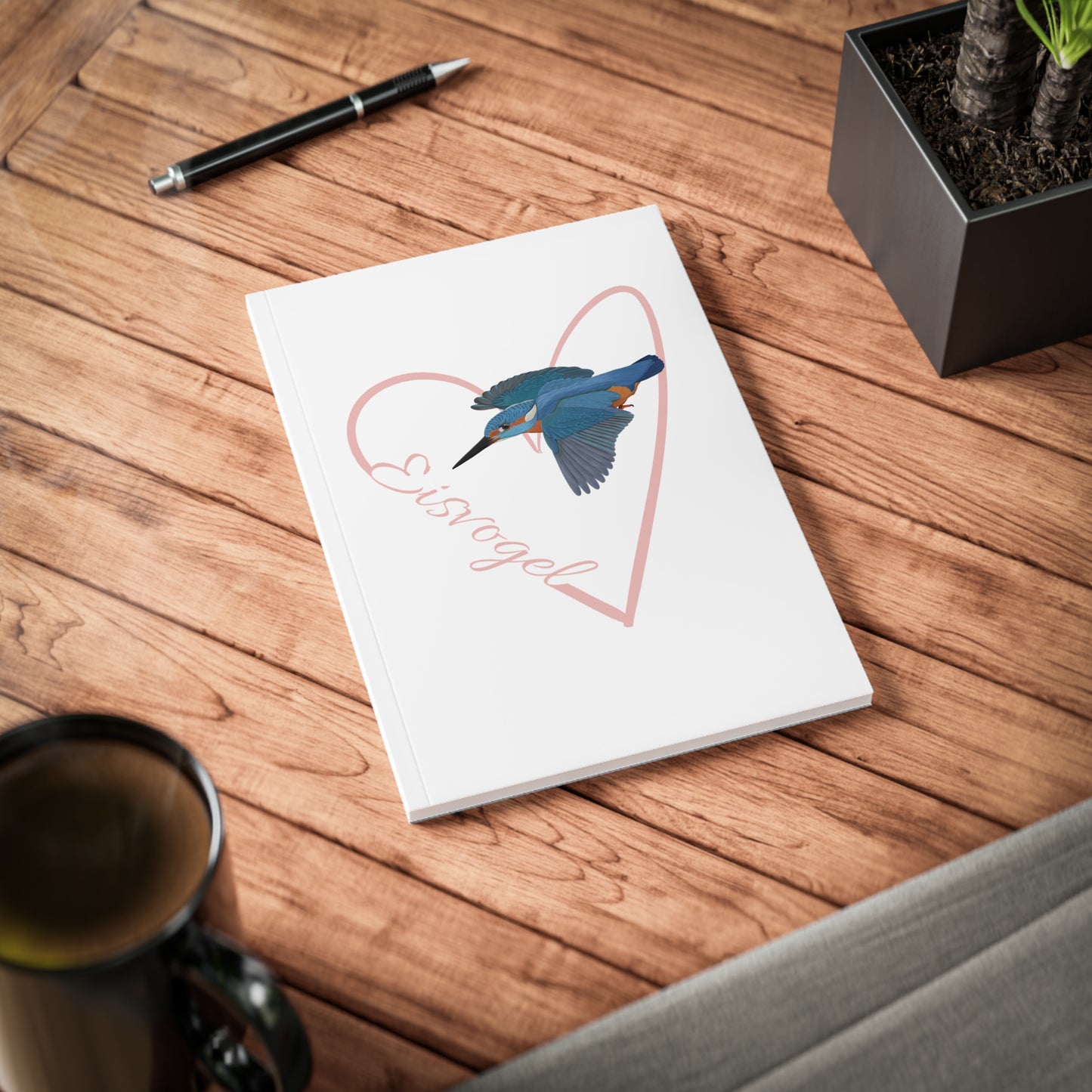 Eisvogel Notizbuch Vogel mit Herz A5 Softcover 150 Seiten Liniert Weiß
