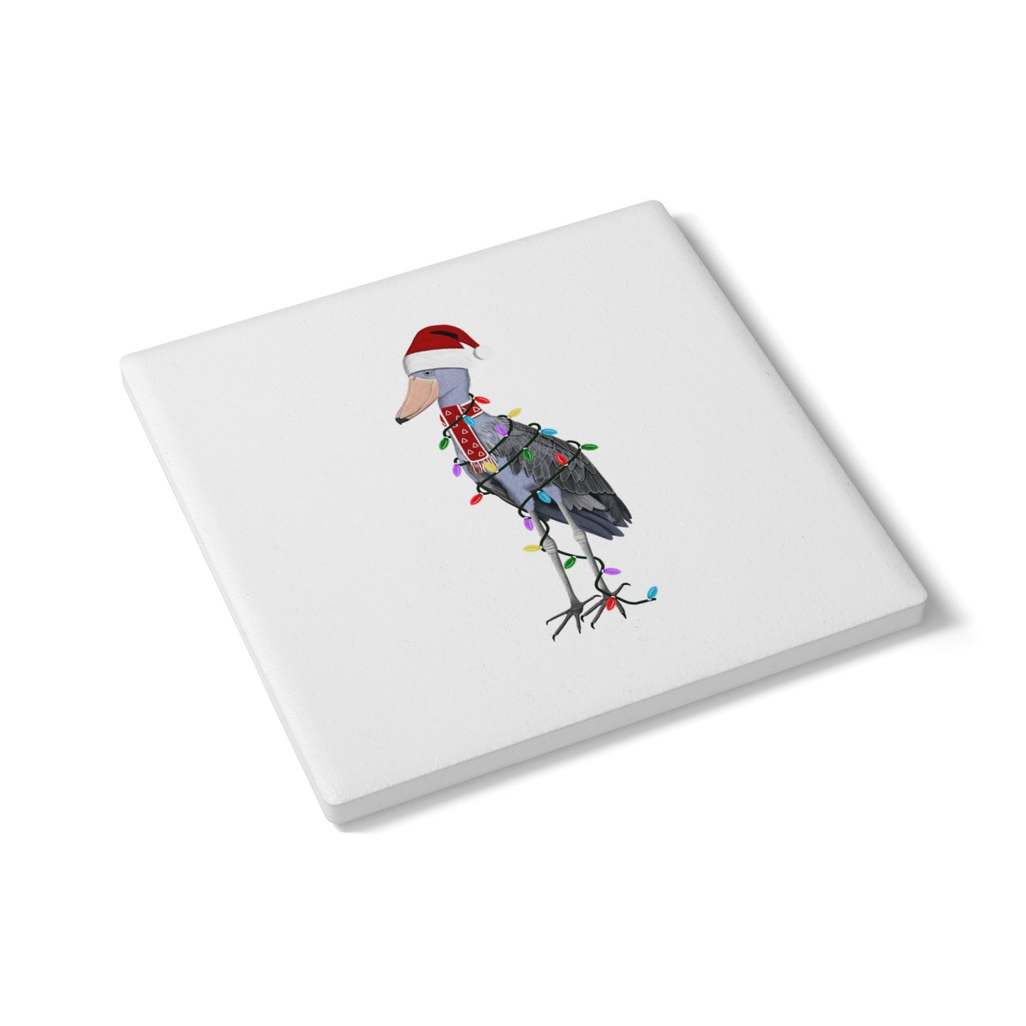 Keramik-Untersetzer Schuhschnabel als Weihnachtsmann mit Lichterkette Weihnachtliches Vogel-Motiv