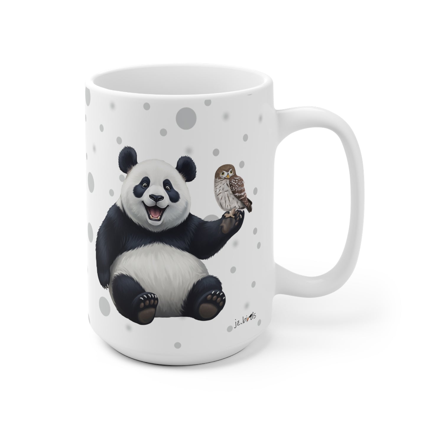 Eule mit einem fröhlichen Panda Vogel Tiermotiv Tasse Punkte Grau