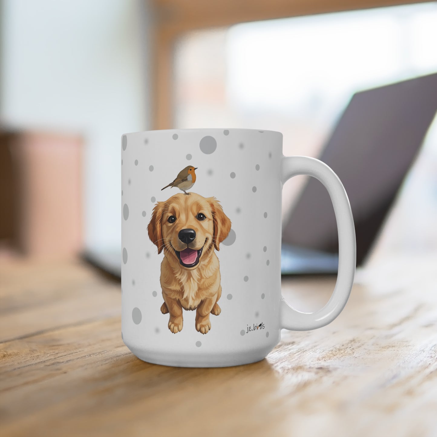 Golden Retriever Tasse mit Rotkehlchen Hund mit Vogel Weiß Grau