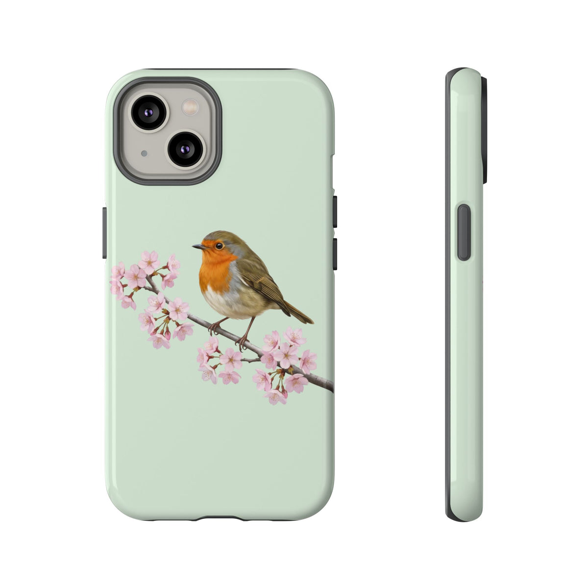 Rotkehlchen Handyhülle in Salbeigrün | Florales Kirschblüten Vogel-Motiv für iPhone & Google Pixel