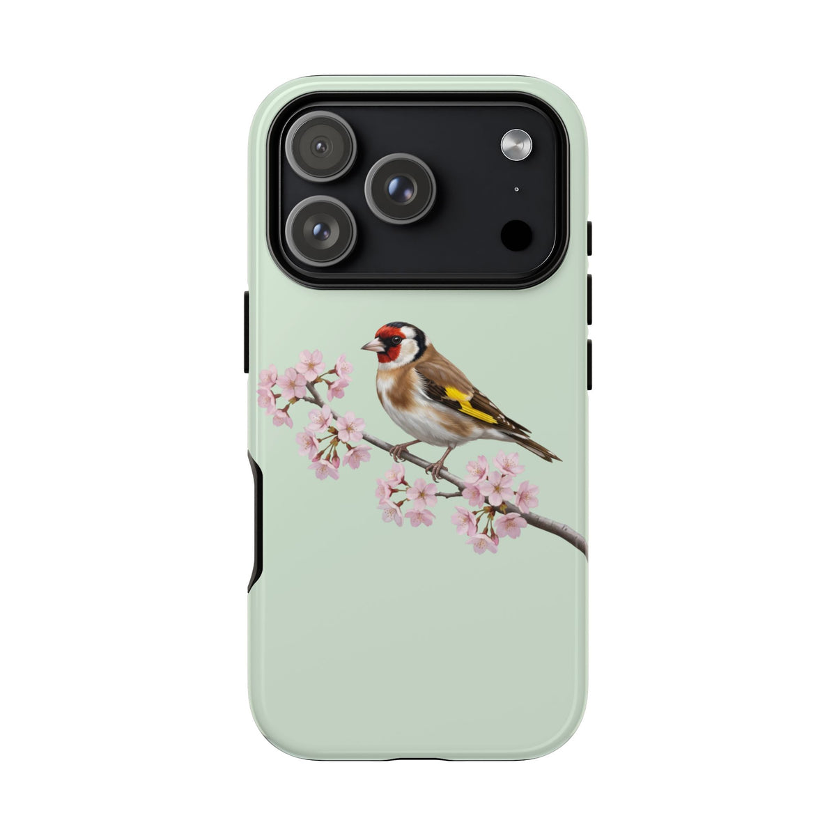 Stieglitz Handyhülle in Salbeigrün | Florales Kirschblüten Vogel-Motiv für iPhone & Google Pixel