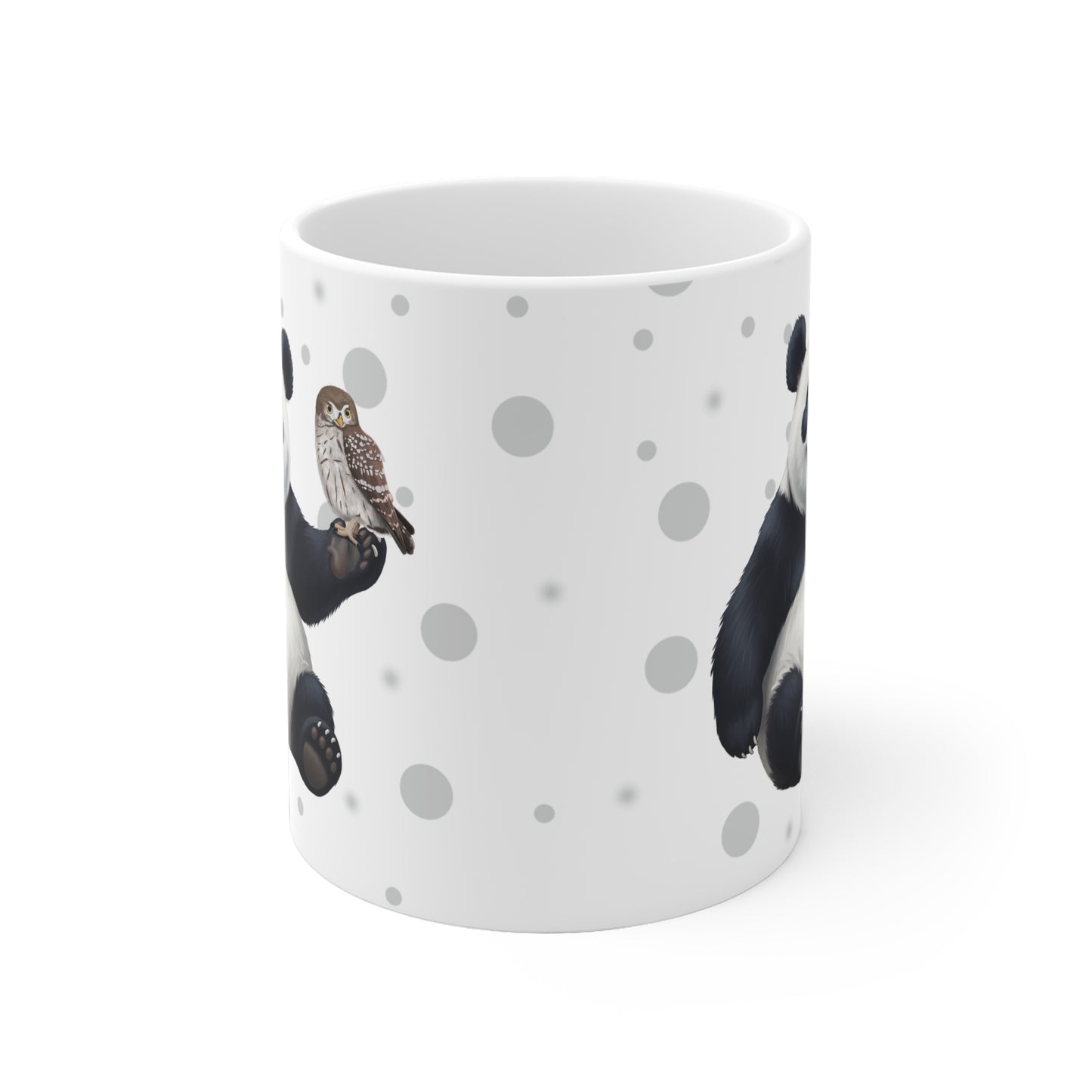 Eule mit einem fröhlichen Panda Vogel Tiermotiv Tasse Punkte Grau