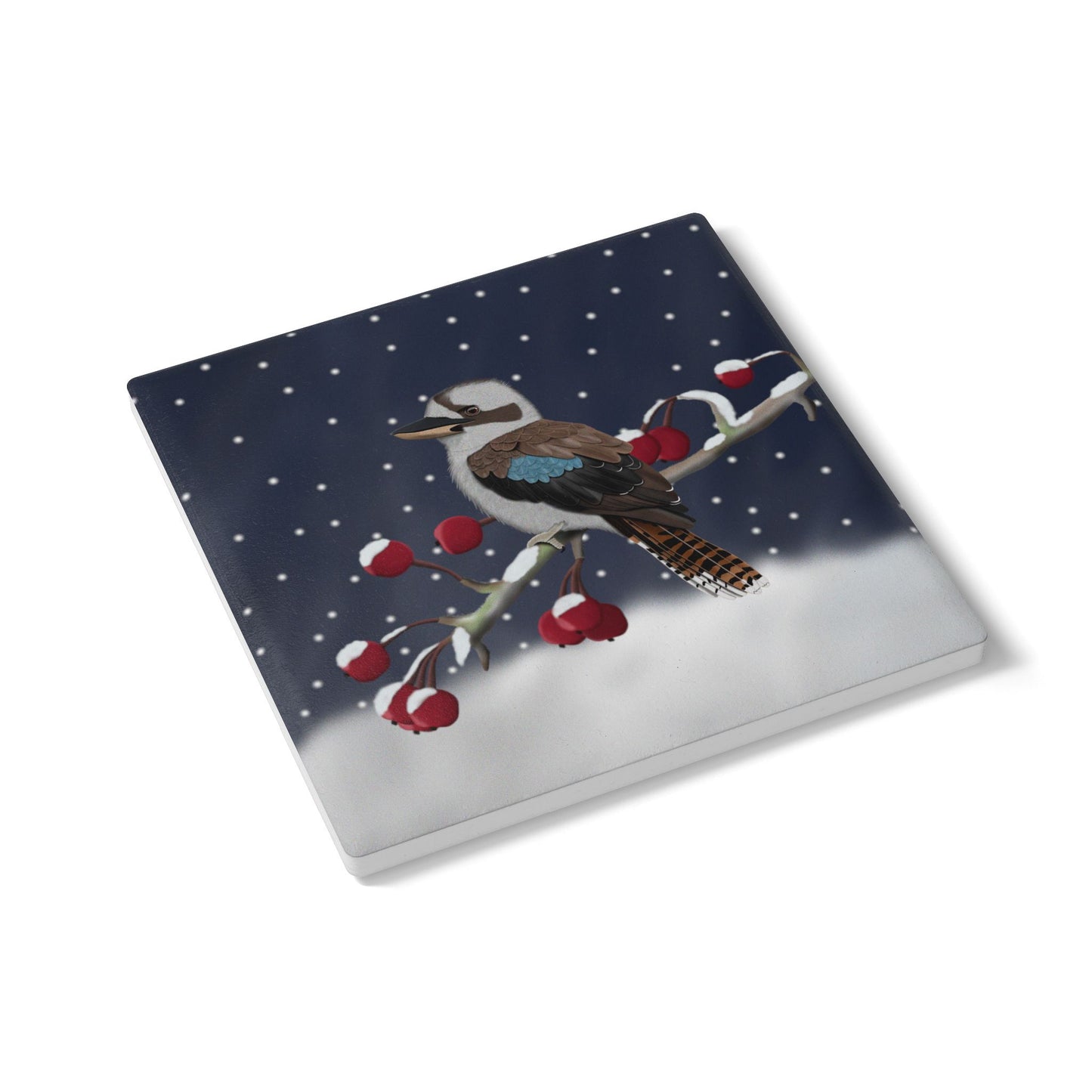 Kookaburra im Schnee Keramik-Untersetzer: Weihnachtliches Vogel-Motiv