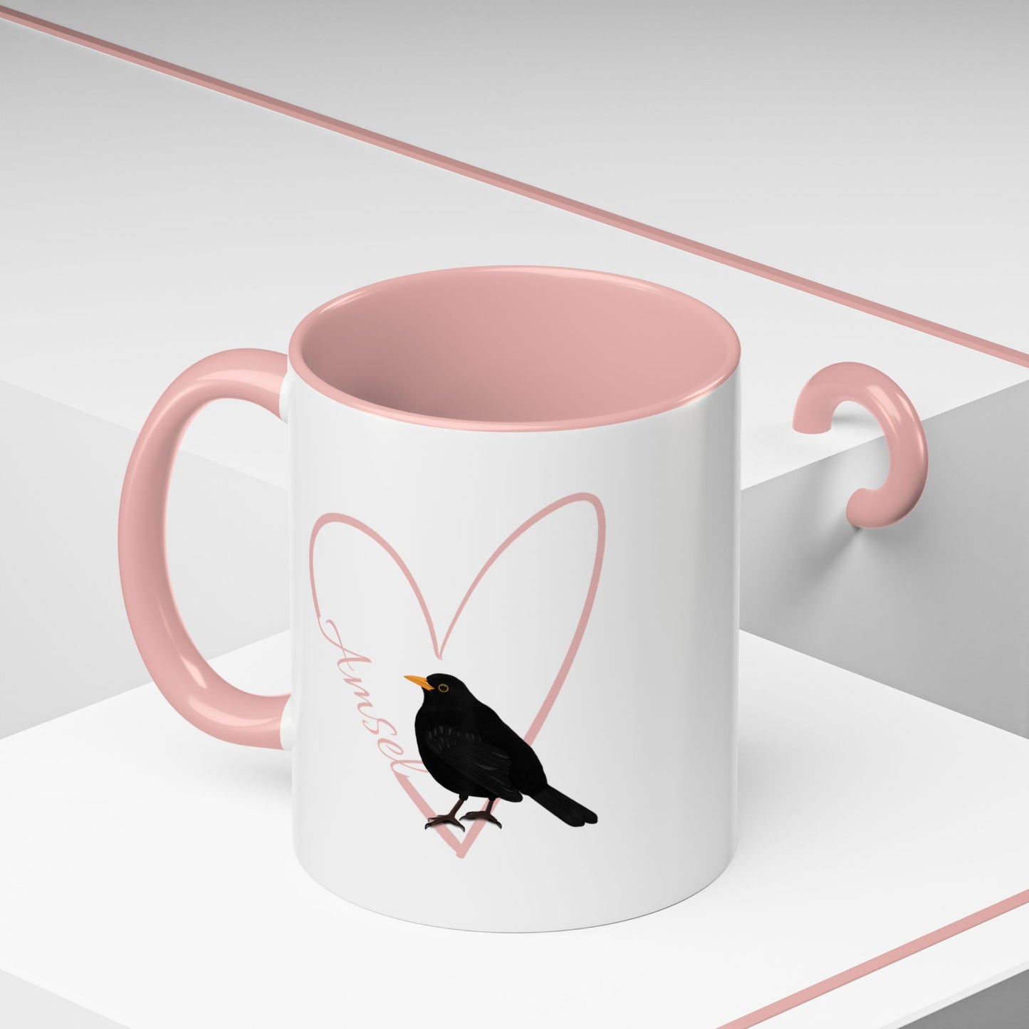Amsel mit Herz Singvogel Vogel Tasse Weiß Rosa