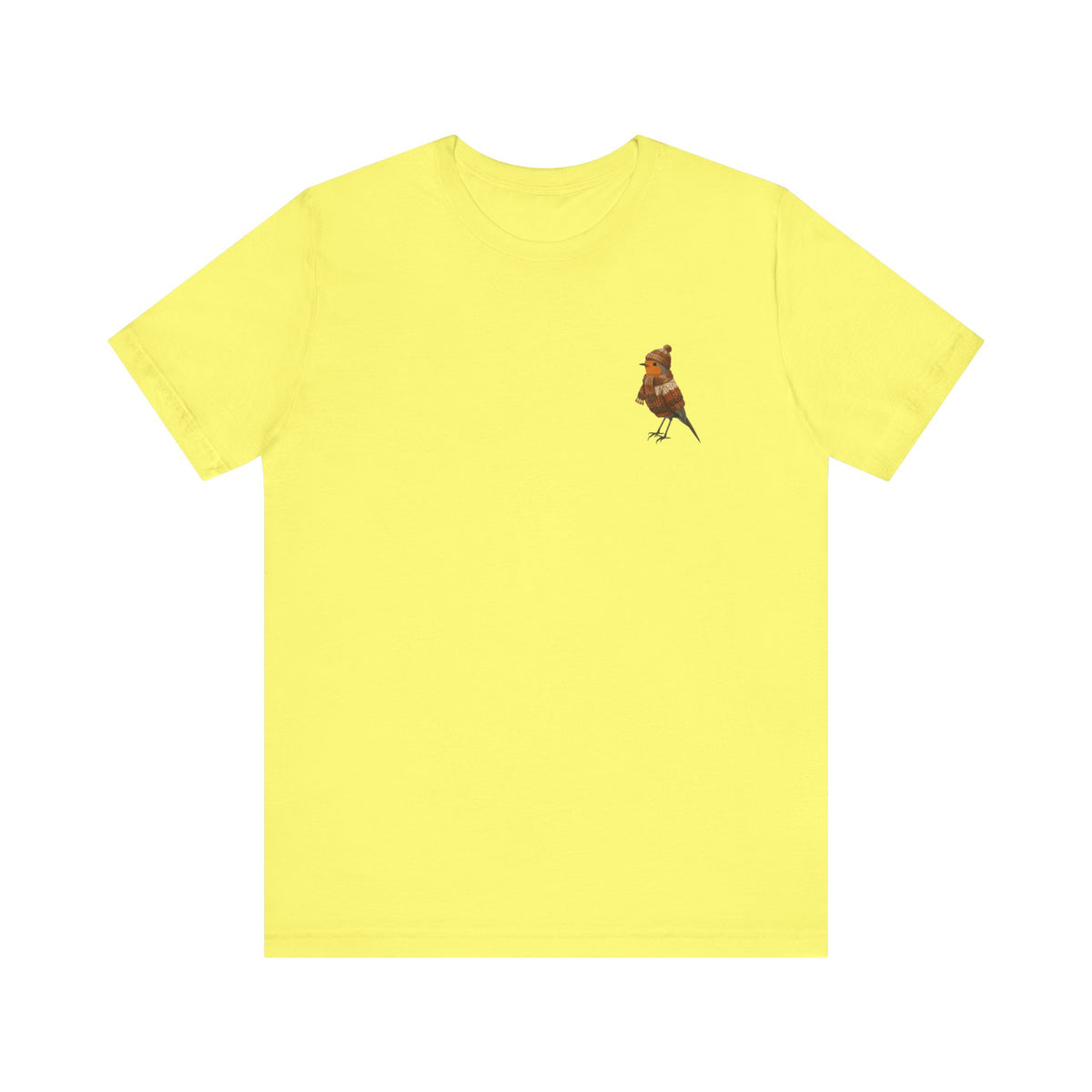 Rotkehlchen in Strick T-Shirt – Weiches Premium Shirt mit Winterlichem Vogelmotiv – bird graphic tee, Vogel