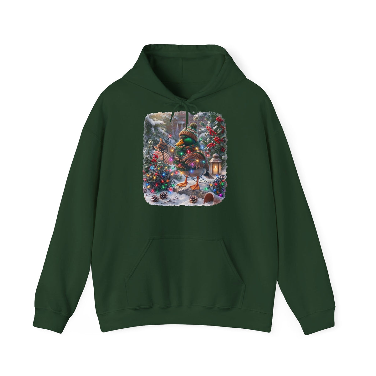 Premium Hoodie Ente und die Lichterkette im winterlichen Garten für Vogelbeobachter