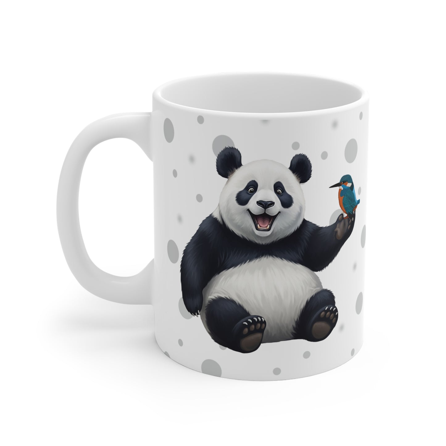 Eisvogel mit einem fröhlichen Panda Vogel Tiermotiv Tasse Punkte Grau