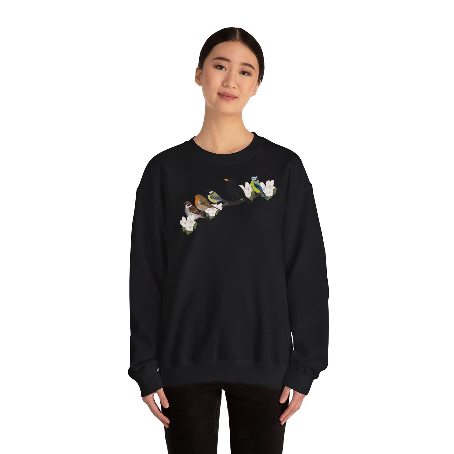 Amsel Rotkehlchen Blaumeise auf einem Ast Vogel Sweatshirt für Naturfreunde und Vogelbeobachter – Animal Graphic Tee, Vogelmotiv