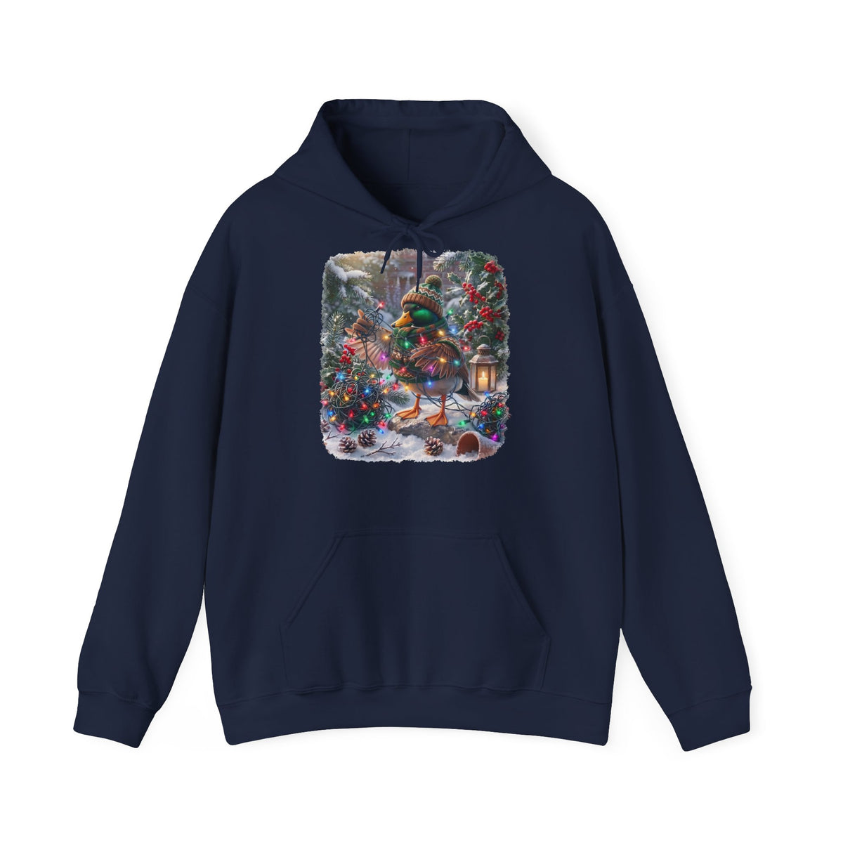 Premium Hoodie Ente und die Lichterkette im winterlichen Garten für Vogelbeobachter