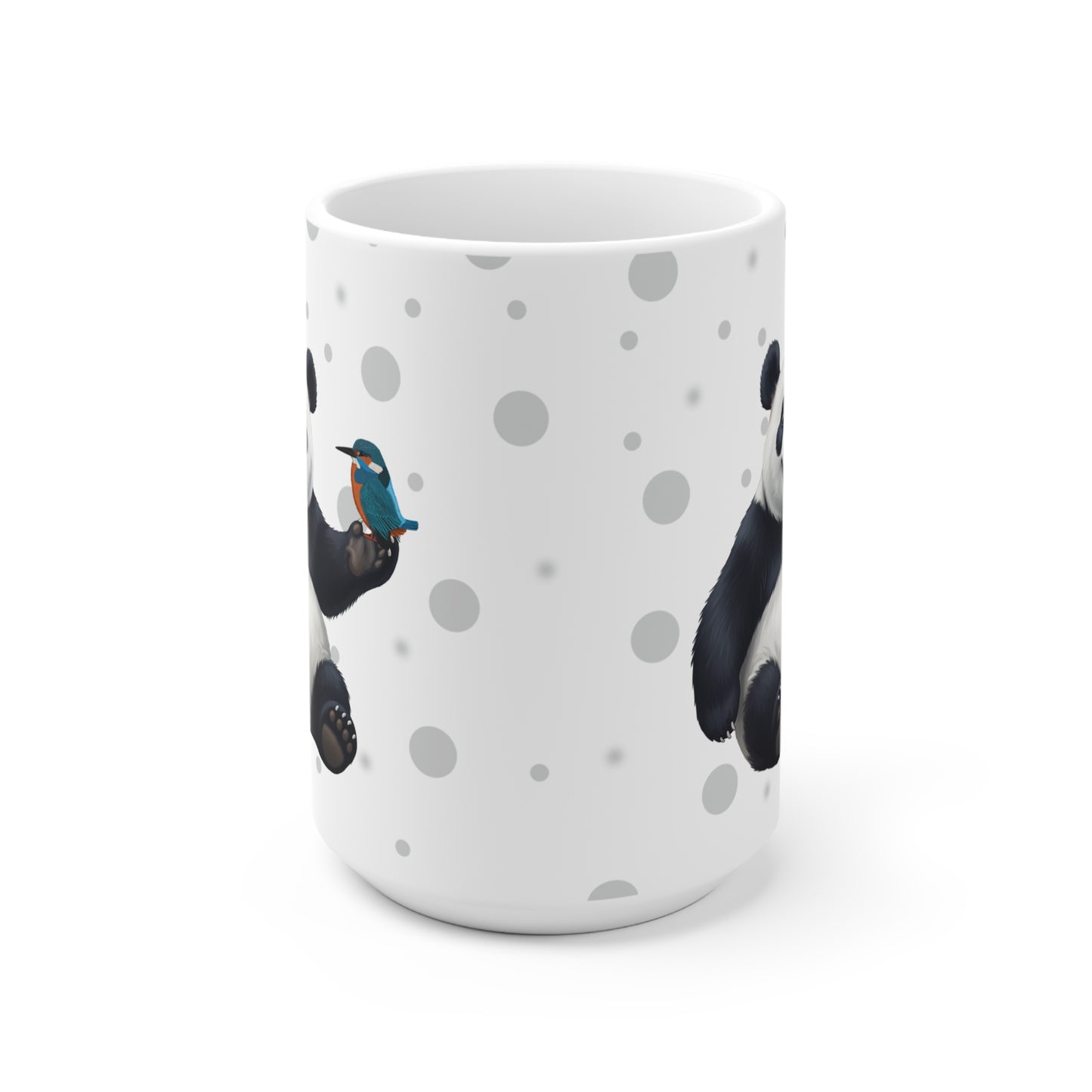 Eisvogel mit einem fröhlichen Panda Vogel Tiermotiv Tasse Punkte Grau