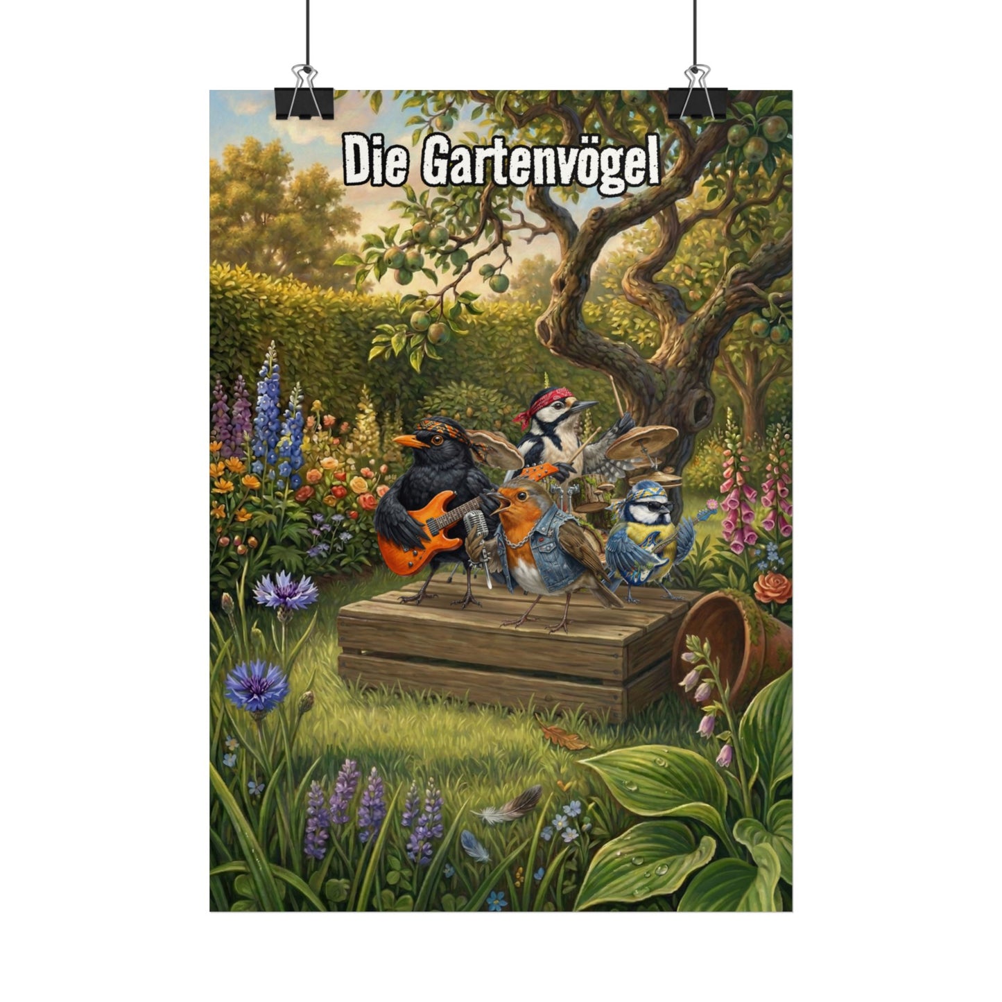 Die Gartenvögel auf der Bühne Wandbild - Kinderzimmer Poster Rockstar Vogel | Blacky Bert Sigi Rocky