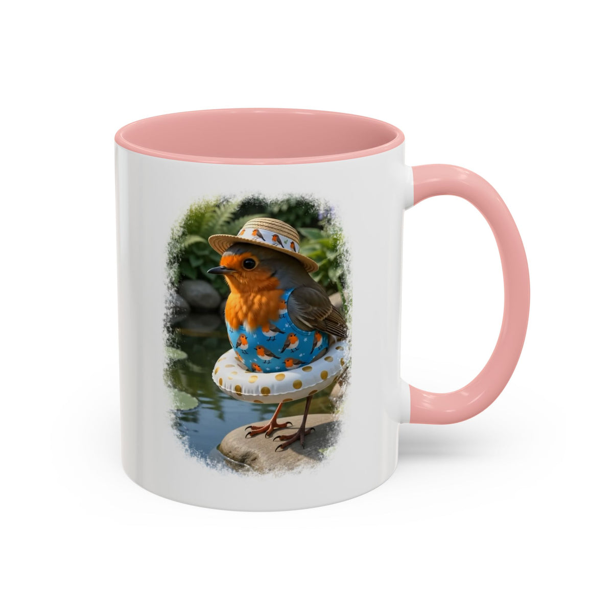 A white ceramic mug with a pink interior and handle, featuring a printed illustration of a small bird wearing a straw hat and blue patterned clothing, sitting on a pool float near water.