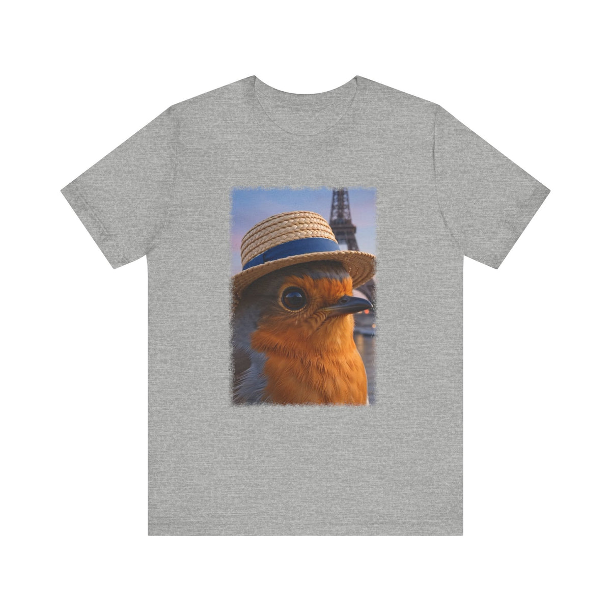 Rosi Rotkehlchen mit Sonnenhut in Paris T-Shirt – Bequemes Premium Shirt für Reisefreunde