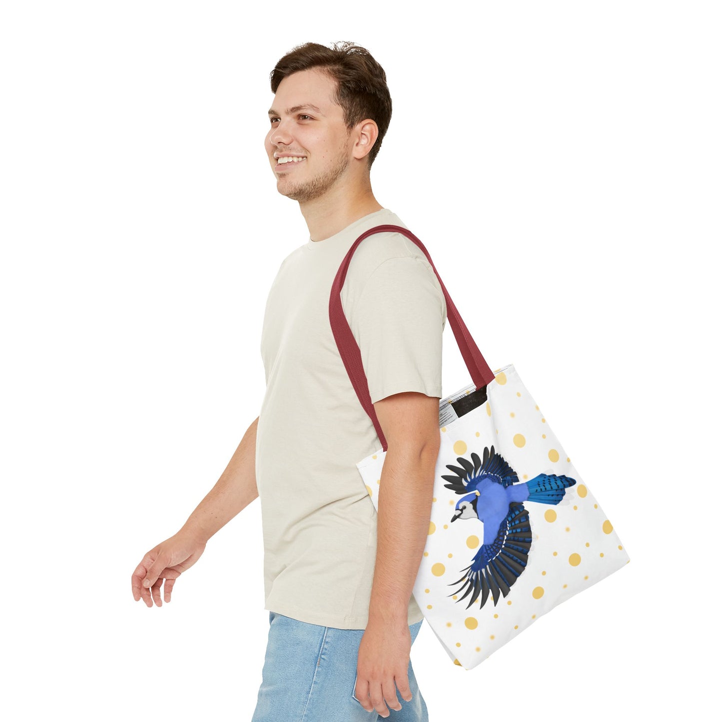 Blue Jay mit Tragetasche Accessories Hintergrund