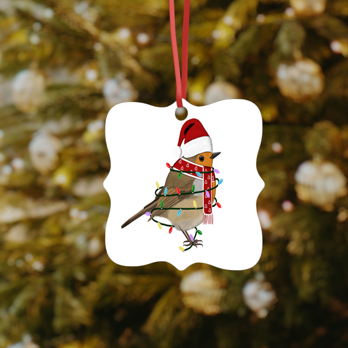 Rotkehlchen Ornament aus Aluminium – Einzigartiger Christbaumschmuck mit Rotem Band