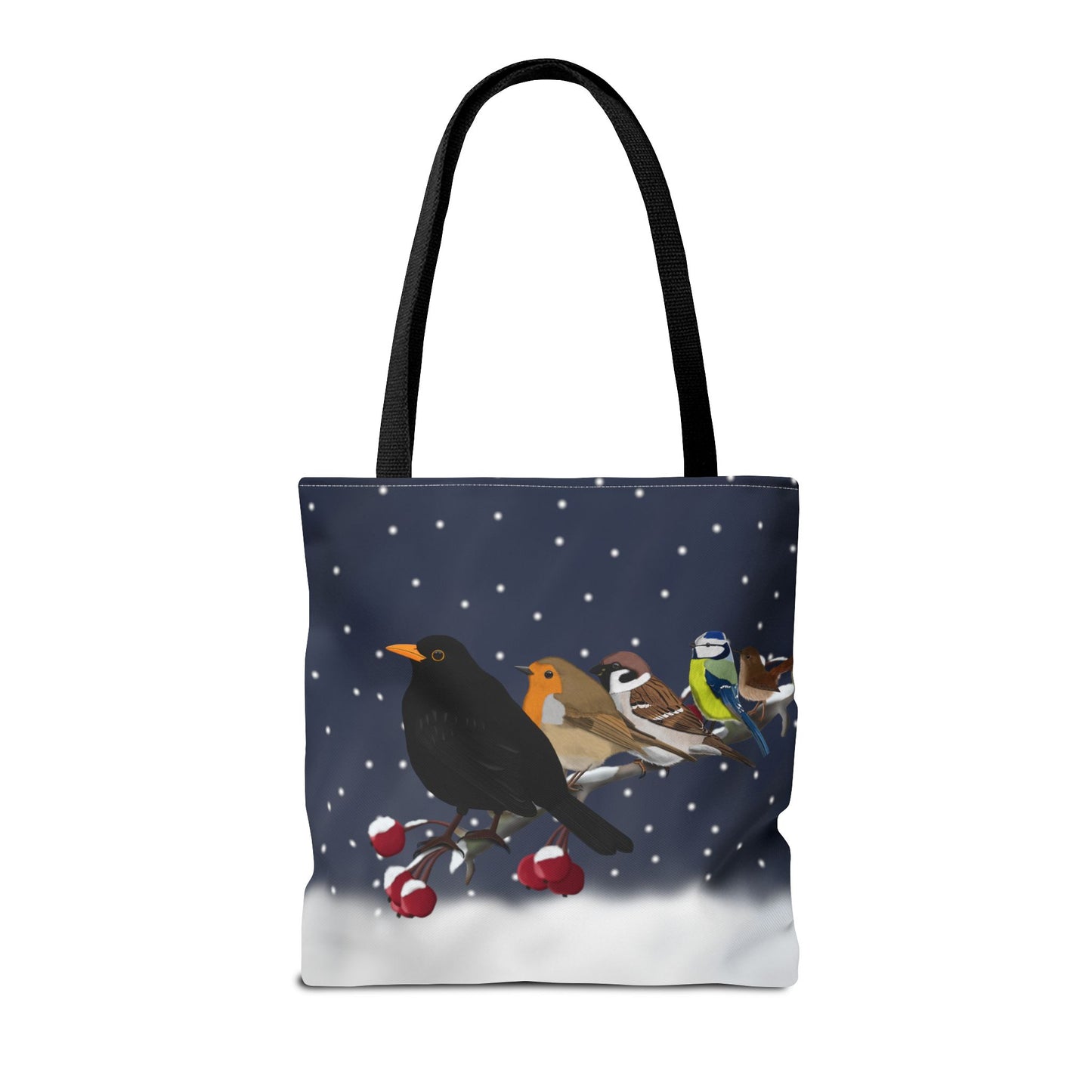 Rotkehlchen, Blaumeise, Zaunkönig, Amsel und Spatz Tragetasche mit Accessories Hintergrund