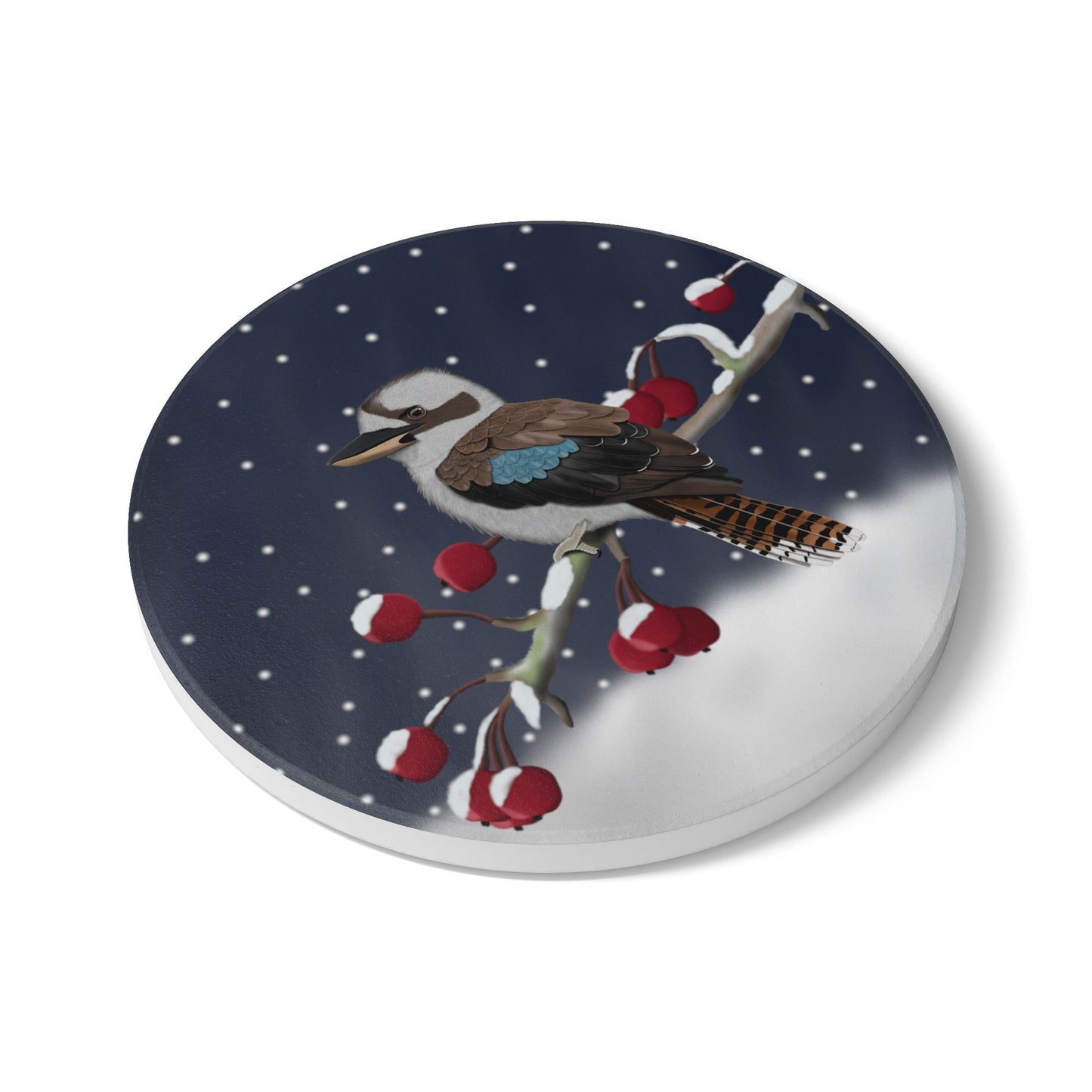 Kookaburra im Schnee Keramik-Untersetzer: Weihnachtliches Vogel-Motiv