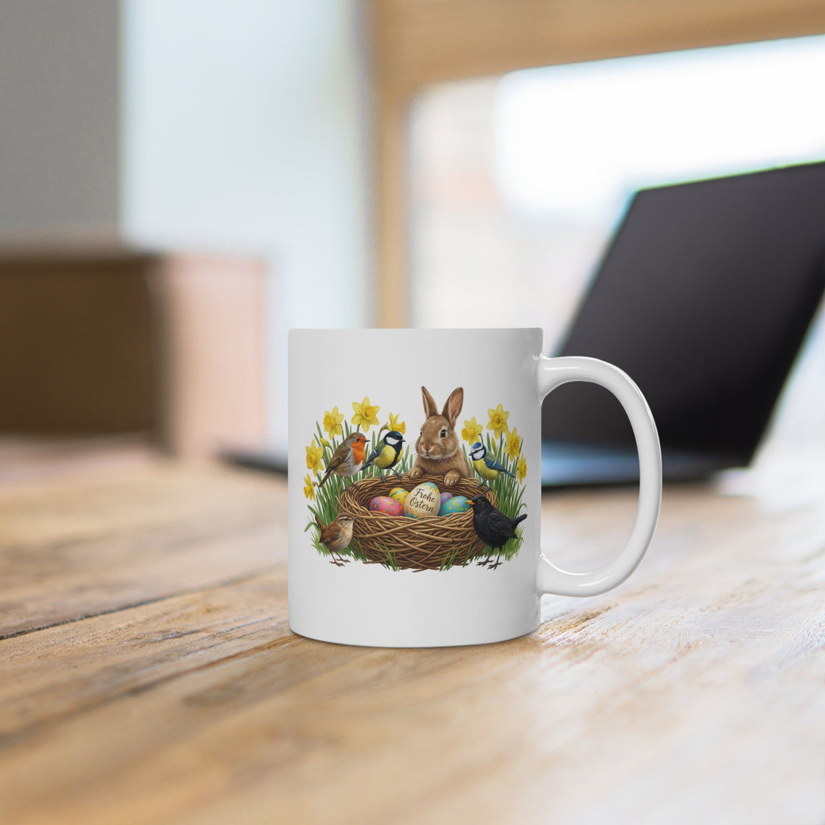Kaninchen Rotkehlchen Amsel am Nest mit Osterglocken Tasse - Oster-Geschenk für Vogelfreunde – 11 oz,