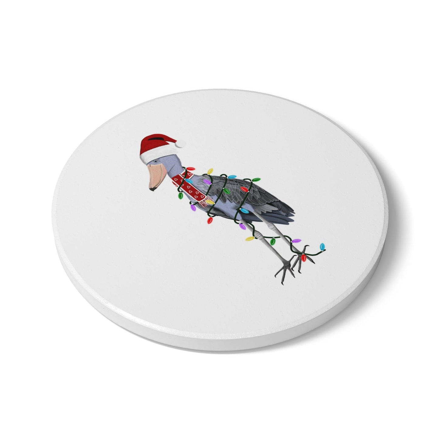 Keramik-Untersetzer Schuhschnabel als Weihnachtsmann mit Lichterkette Weihnachtliches Vogel-Motiv