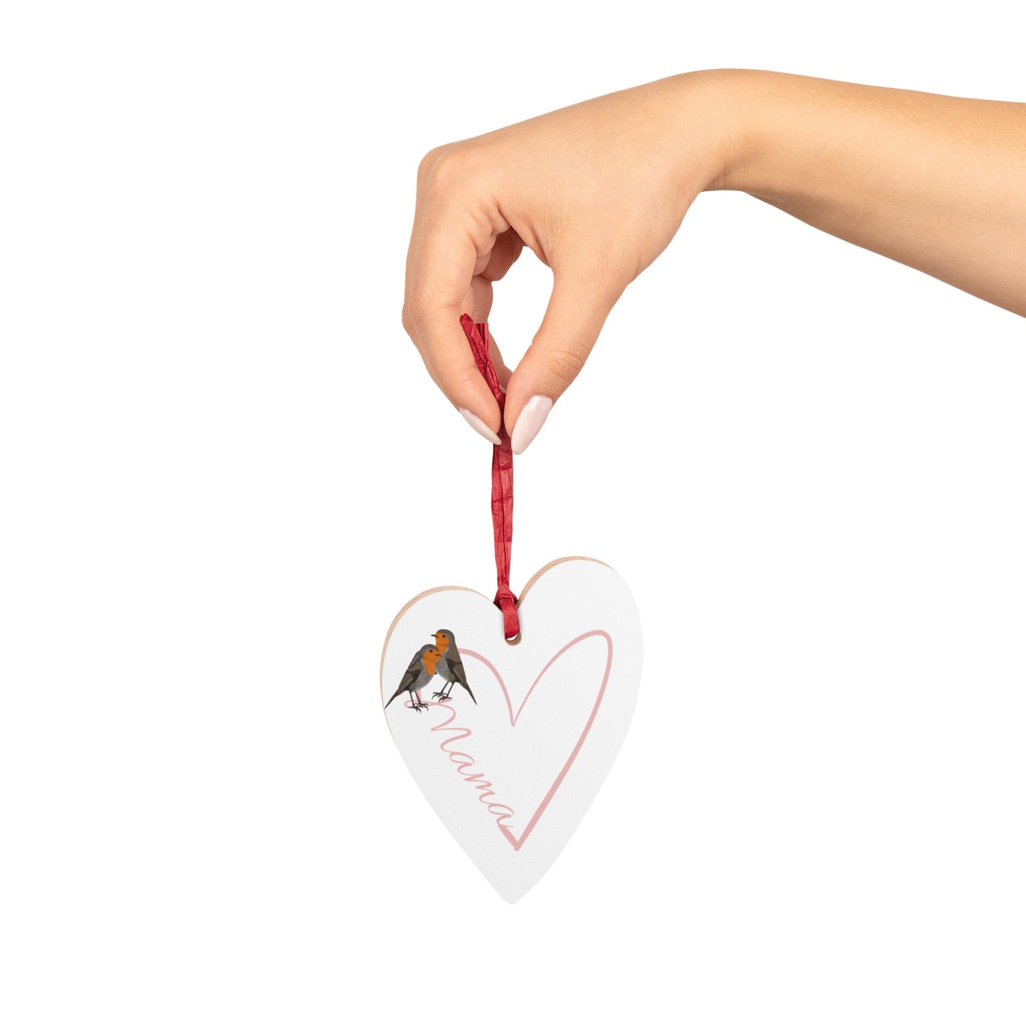 Mama Rotkehlchen Ornament Herz aus Holz mit Vogelmotiv zum Muttertag