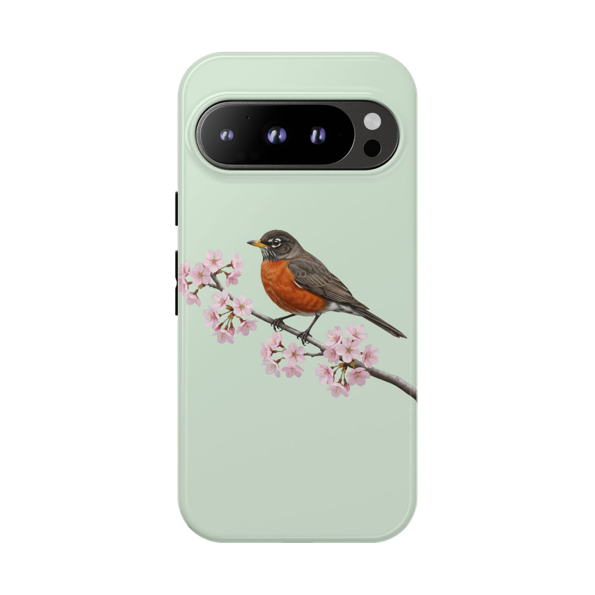 Wanderdrossel Handyhülle in Salbeigrün | Florales Kirschblüten Vogel-Motiv für iPhone & Google Pixel