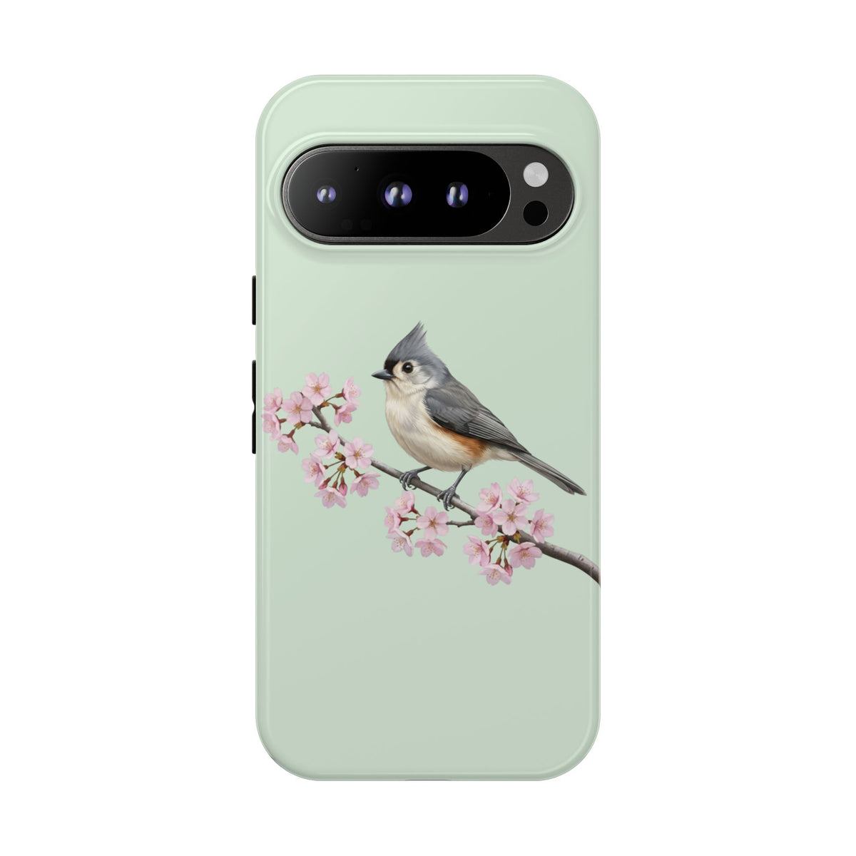 Grauhäubchenmeise Handyhülle in Salbeigrün | Florales Kirschblüten Vogel-Motiv für iPhone & Google Pixel