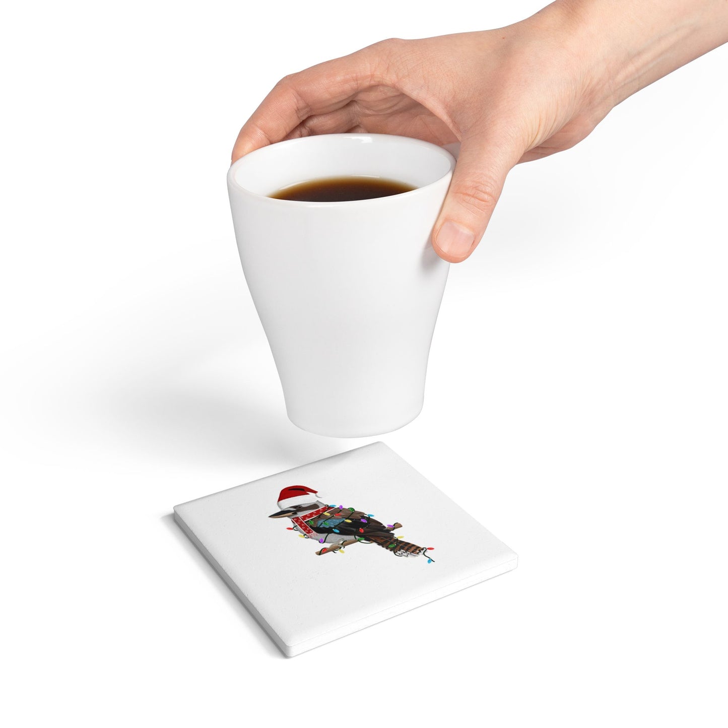 Keramik-Untersetzer Kookaburra als Weihnachtsmann mit Lichterkette Weihnachtliches Vogel-Motiv