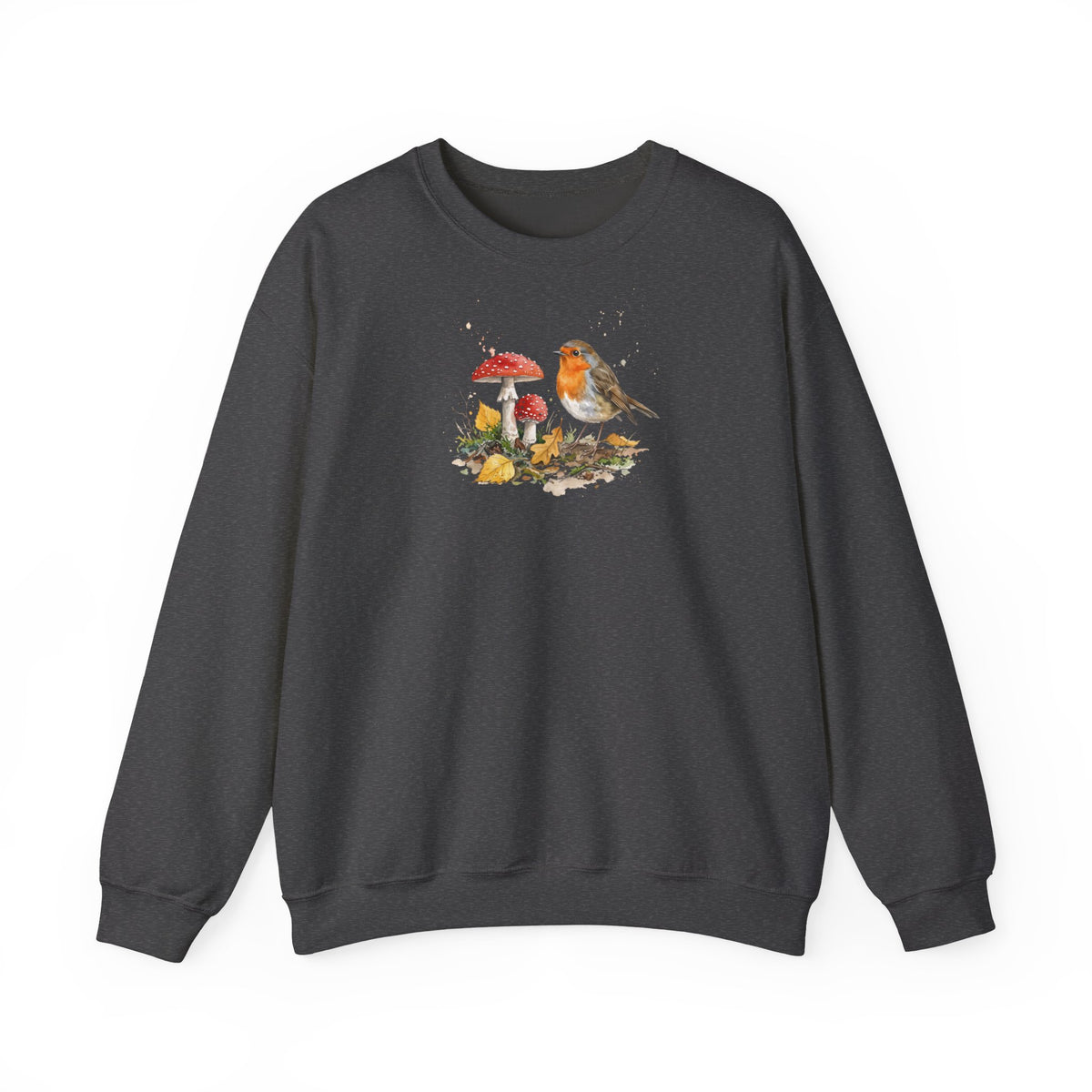 Rotkehlchen Sweatshirt für Damen und Herren mit gemaltem Herbstmotiv aus buntem Herbstlaub und roten Fliegenpilzen – gemütlicher Vogel Pullover